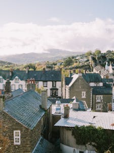Charming rooftop view of Conwy town with scenic landscape and mountains in Wales.